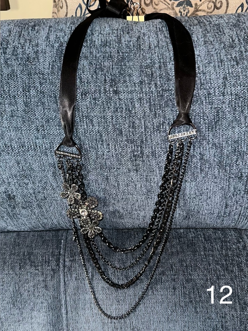 Cookie Lee Black Crystal Multi-Strand Floral Pendant Necklace